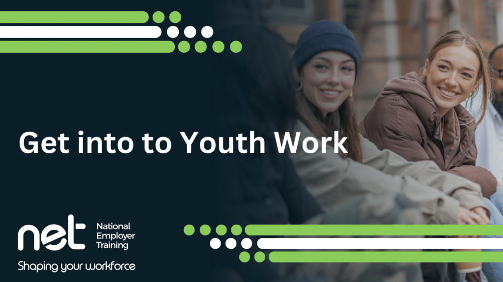 Get into Youth Work over image of young adults smiling.