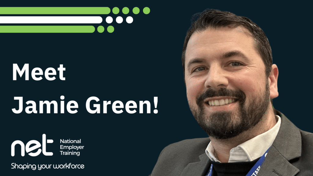 Meet Jamie Green. National Employer Training logo bottom left. Image of Jamie Green.